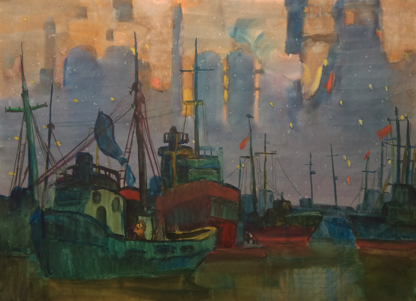 “Vibrant watercolor by Heorhiy Verbicki, capturing the essence of expressive impressionism with colorful boats at a harbor under a dramatic sky, reflecting a lively interplay of nature and culture.”