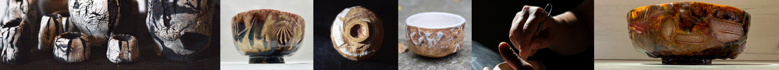 A collage of handcrafted ceramic cups and bowls, showcasing various textures, glazing techniques, and the artistry of traditional pottery.