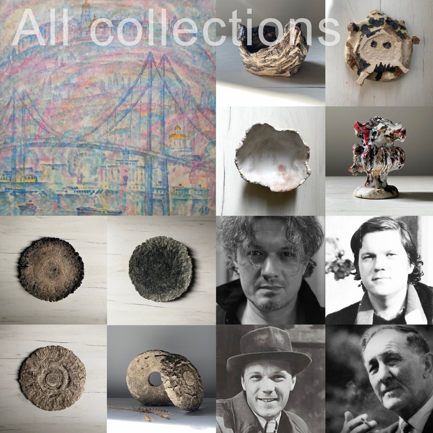 A collage titled ‘All Collections,’ featuring ceramic artworks, portraits of Serhiy Verbicki and his ancestors, and a painting of a bridge, symbolizing artistic heritage.