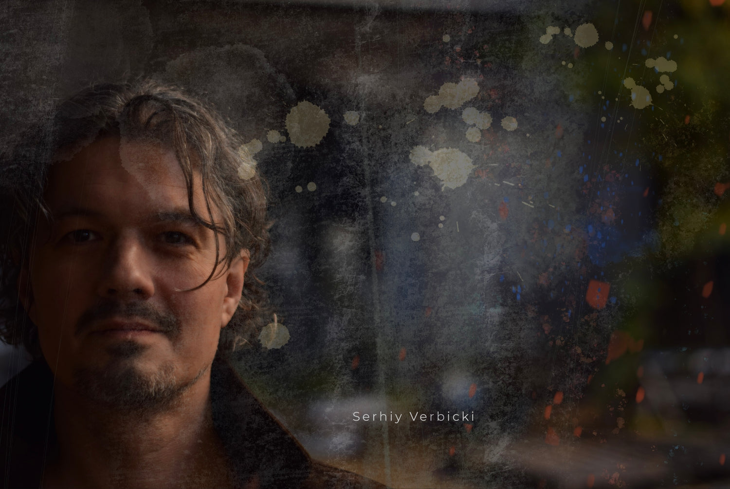 A portrait of Serhiy Verbicki with a textured, artistic overlay blending abstract patterns and organic elements, creating a layered visual effect.