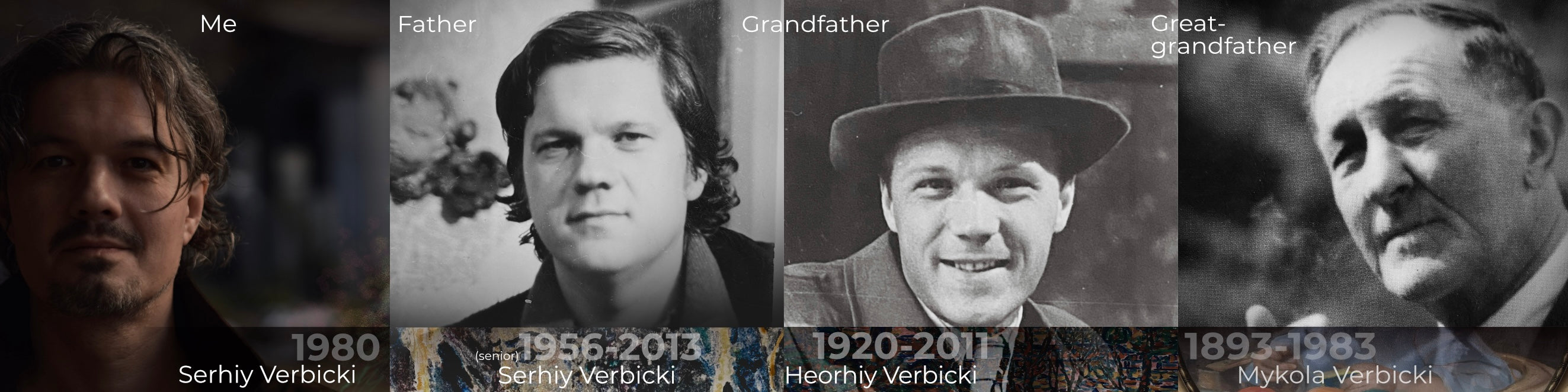 A generational portrait collage of Serhiy Verbicki, his father, grandfather, and great-grandfather, showcasing a legacy of creativity and heritage.