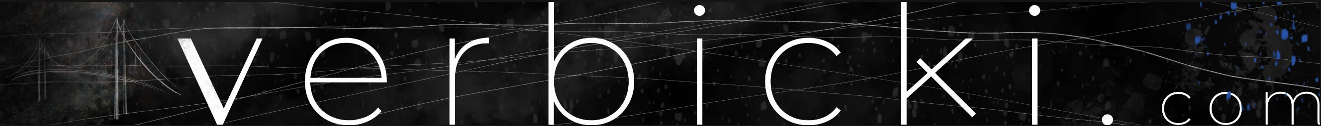 A dark-themed banner featuring the text 'verbicki.com' in modern typography, with abstract lines, subtle textures, and a logo depicting a pedestrian bridge.