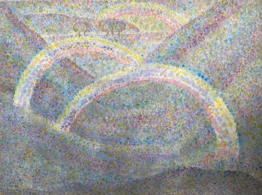 A watercolor painting made in the pointillism technique. It has pastel, gentle tones. The picture shows three rainbows between mountains in a natural environment. The author is Heorhiy Verbytskyi.