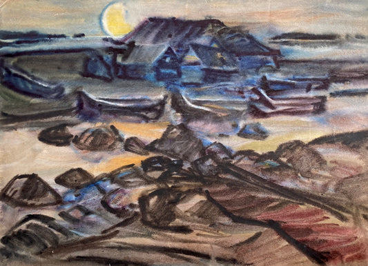 Watercolor painting in blue, yellow and red tones. Depicts ancient dwellings by the river and a large moon in the background. Evening. The technique is watercolor on wet paper. Author H. M. Verbicki 