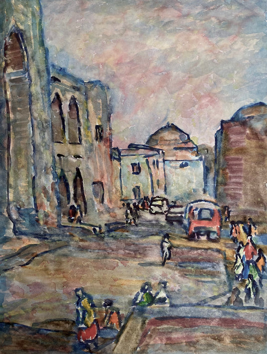 Expressive impressionism in watercolor by Heorhiy Verbicki, depicting a lively city street with pedestrians, cars, and architectural elements in their unique shapes and colors, creating a soft ambiance through blurred colors.