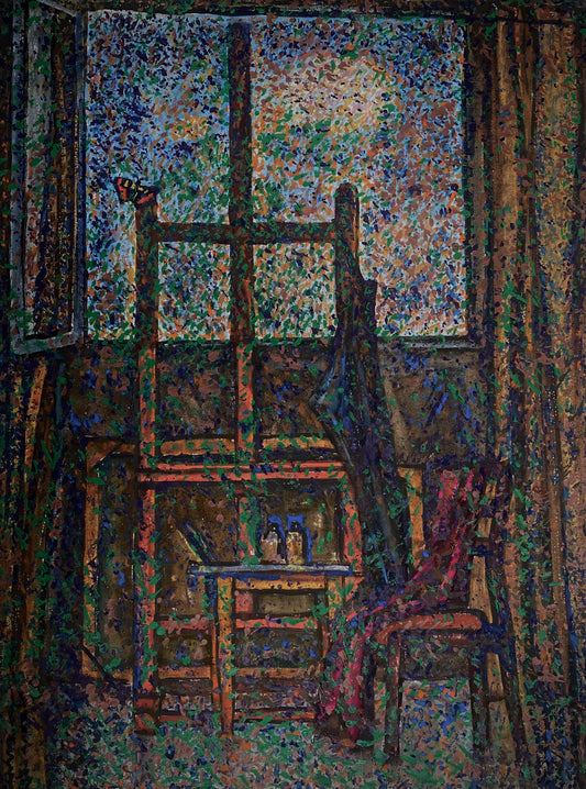A watercolor painting depicting an easel in an artist's studio, a butterfly sitting on an easel against a window background. Pointillism, impressionism, author's technique. The author is Heorhiy Verbicki.