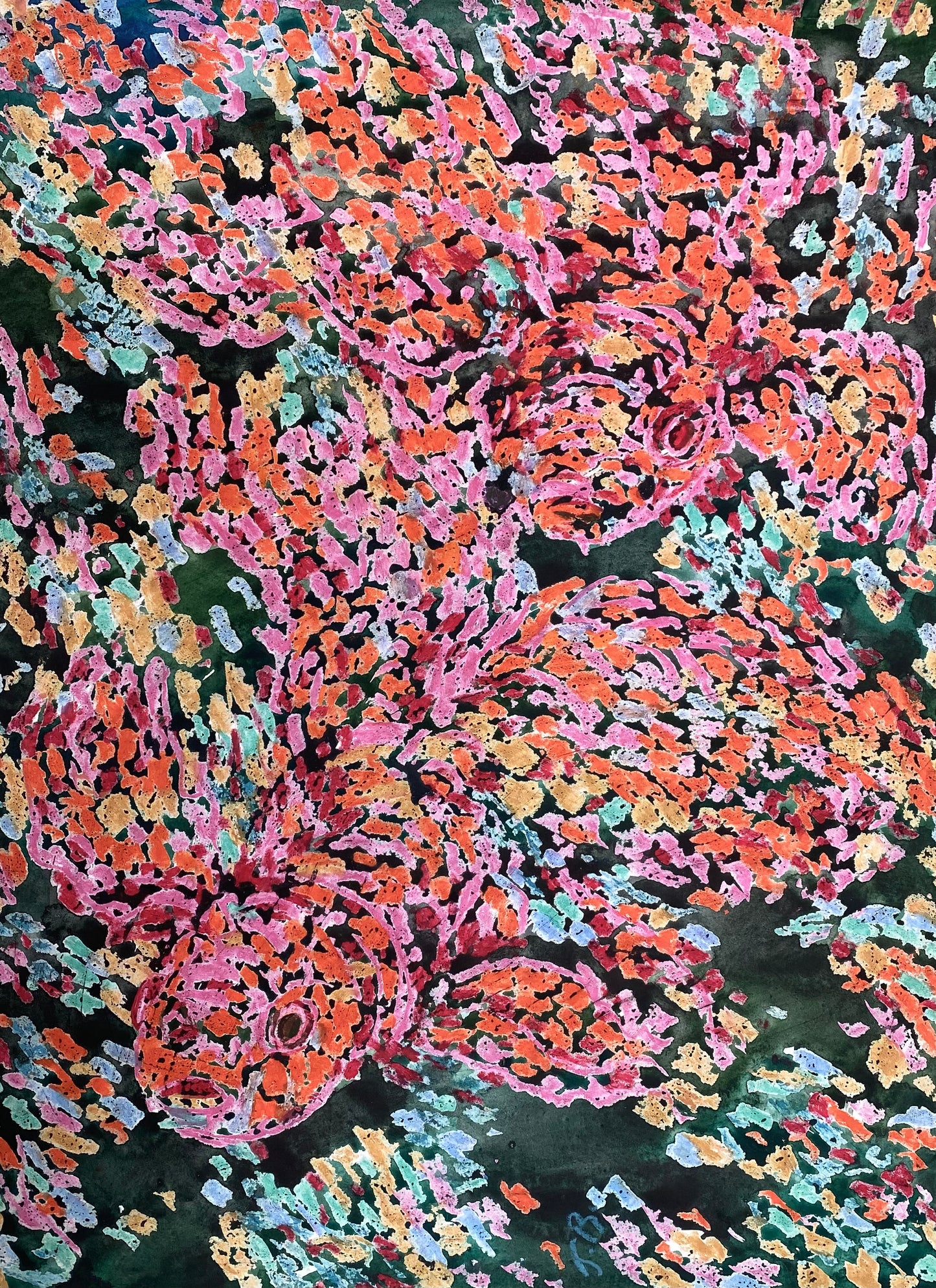 The picture is made in pink, red and black tones. The picture shows goldfish. Watercolor. Pastel. Pointillism. Expressilism. Heorhiy Verbicki. Exhibition at the Shevchenko National Museum.