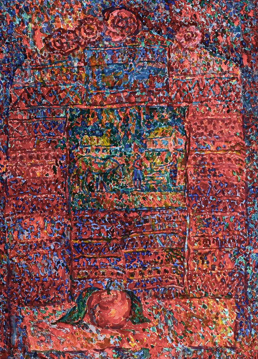 A striking, expressive impressionist watercolor by Heorhiy Verbicki, showcasing a pointillism technique. The artwork features a painting within a painting, bordered by a traditional Ukrainian towel. A bold red apple rests at the center bottom, set against a dynamic backdrop of mostly red with hints of blue and green.