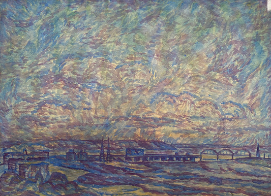 The painting you’re referring to depicts a bridge in Kaniv across a river under a bright, cloudy sky. The sky is illustrated with swirling patterns of blue, green, and yellow shades. The bridge appears to be an arched structure with several spans. To the left of the bridge, buildings or structures are visible. The overall style of the painting is impressionistic, with visible brush strokes that create a sense of movement in the sky and reflections on the water. The artist of this work is Heorhiy Verbicki.