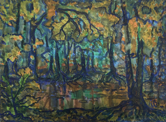 Watercolor expressive impressionist painting of a forest scene with tall, dark trees, bright and contrasting shades of green, blue, yellow, and orange depicting foliage and sky, with reflections of trees in the water below, created by Heorhiy Verbicki.