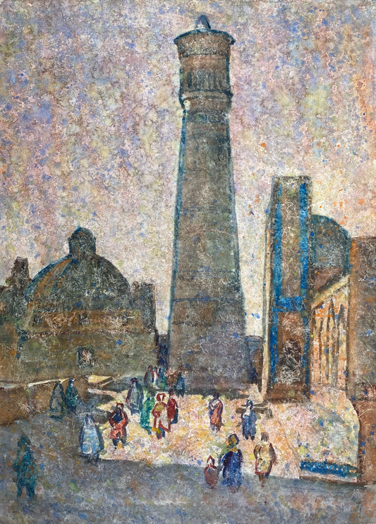 The watercolor painting depicts the Kalyan Minaret located in Central Asia. The style of the painting indicates impressionism with elements of pointillism, characterized by small, separate dots or brushstrokes of paint. It’s a vibrant scene that conveys the essence of the central square of an ancient city. The authorship of Heorhiy Verbicki adds special value to this work, as he is renowned for his unique approach to color and light.