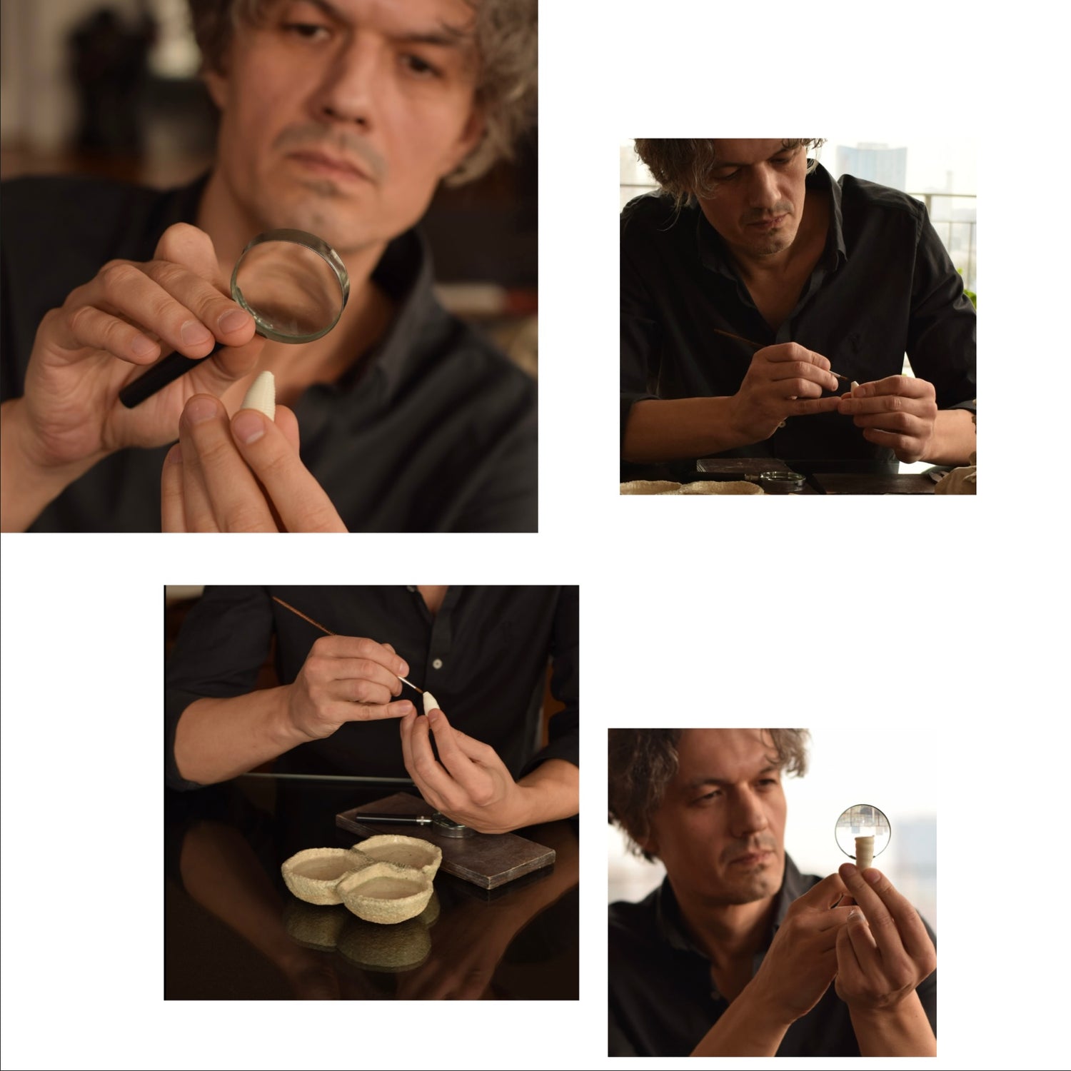 A collage of four images showing an artisan in a black shirt crafting the ‘Tornado’ porcelain earring. He inspects details with a magnifying glass, carefully shapes the porcelain, and examines the design process.