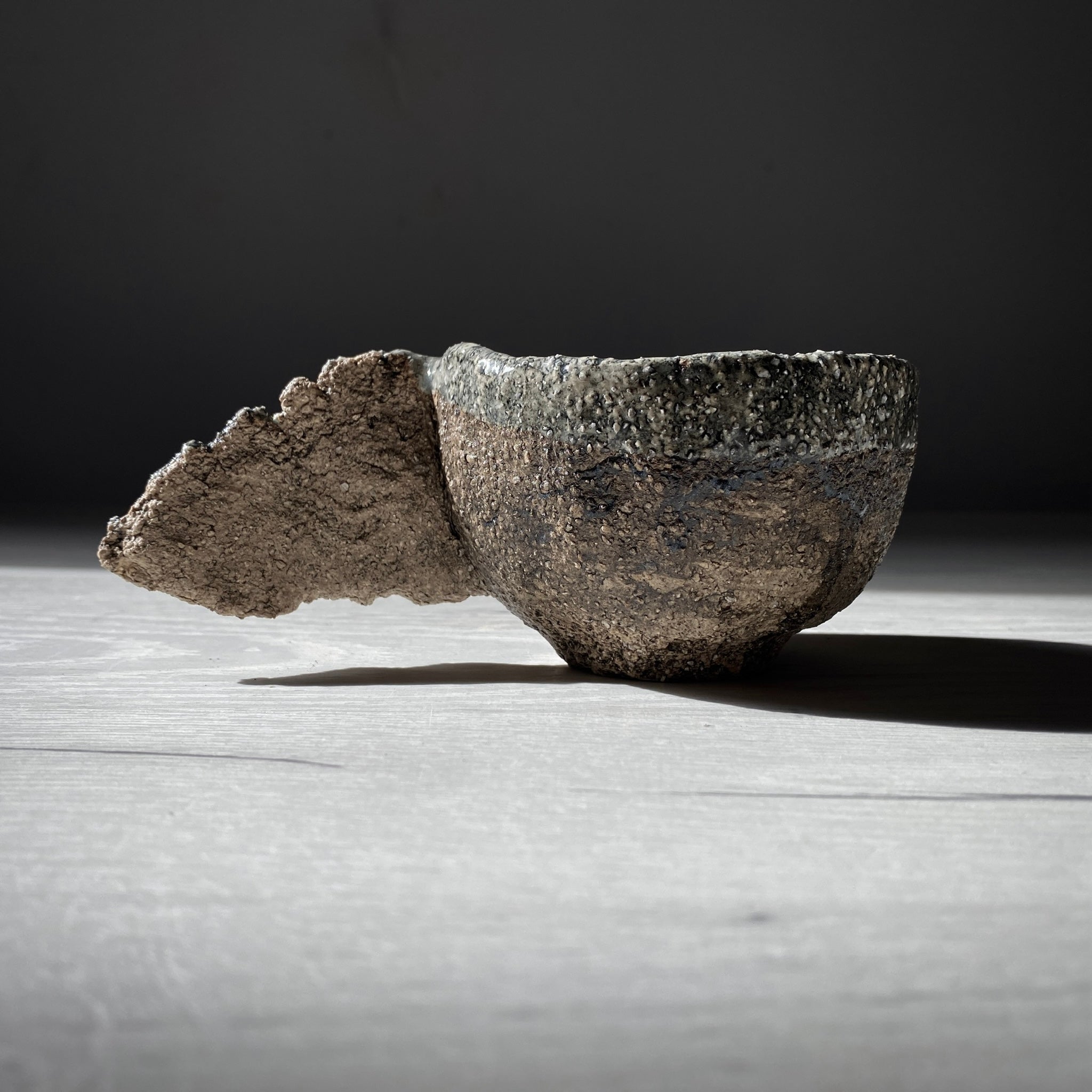 A handcrafted ceramic bowl with a raw, textured surface and an organic protrusion, blending natural imperfection with artistic craftsmanship.