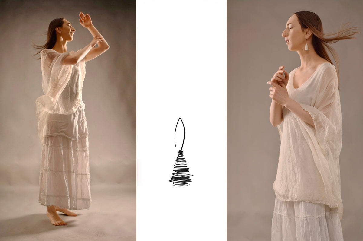 A diptych featuring a woman in a flowing white dress wearing the ‘Tornado’ porcelain earring by Serhiy Verbicki, evoking movement and elegance, with a central sketch of the earring.