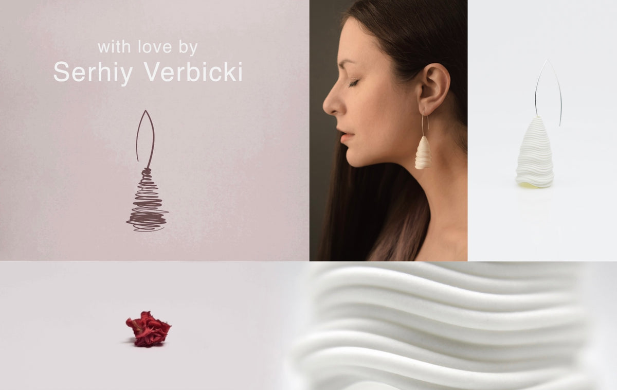 Moodboard featuring the ‘Tornado’ earring by Serhiy Verbicki: sketch, portrait, texture, product photo. A balance of delicacy and strength.