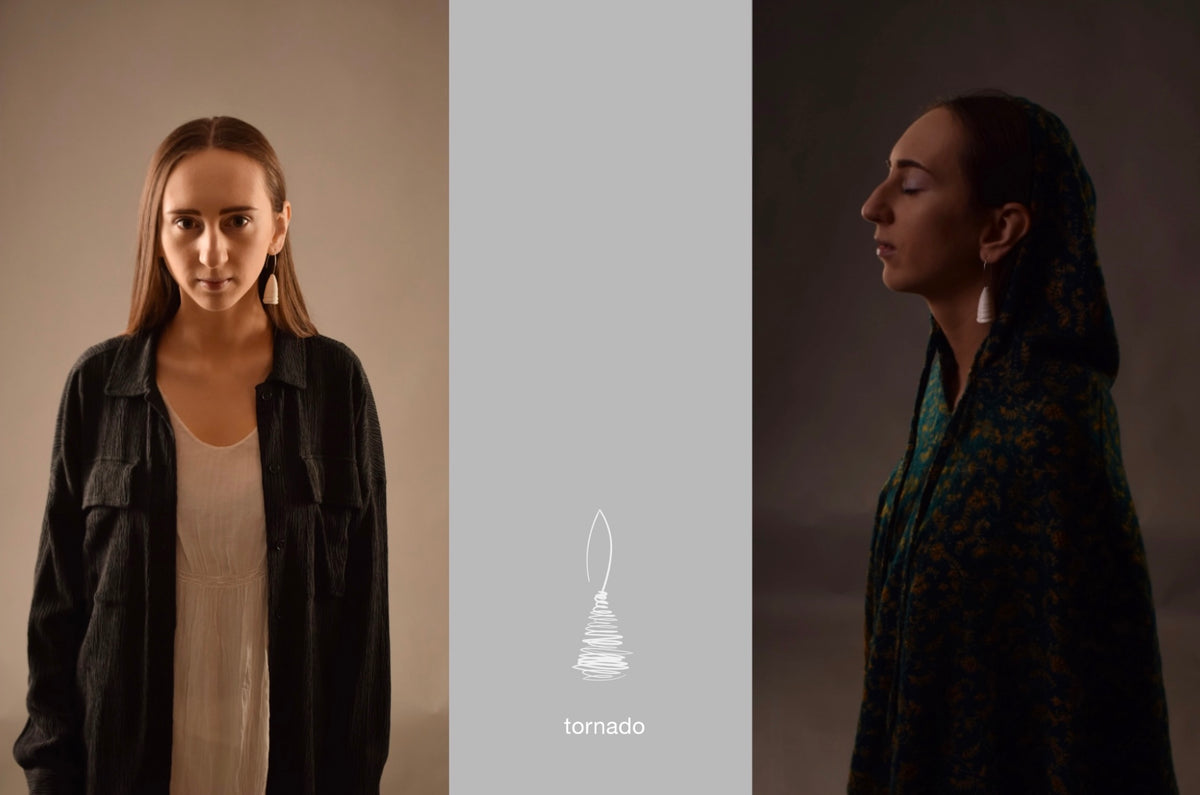 A diptych featuring a woman wearing the ‘Tornado’ porcelain earring by Serhiy Verbicki, styled in contrasting outfits—modern minimalism on the left and traditional elegance on the right, with a central earring sketch.
