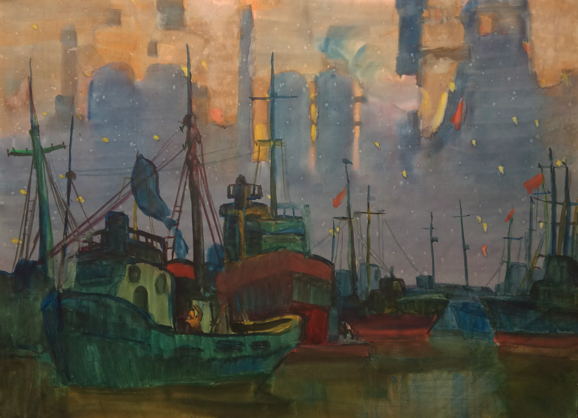  “Vibrant watercolor by Heorhiy Verbicki, capturing the essence of expressive impressionism with colorful boats at a harbor under a dramatic sky, reflecting a lively interplay of nature and culture.”