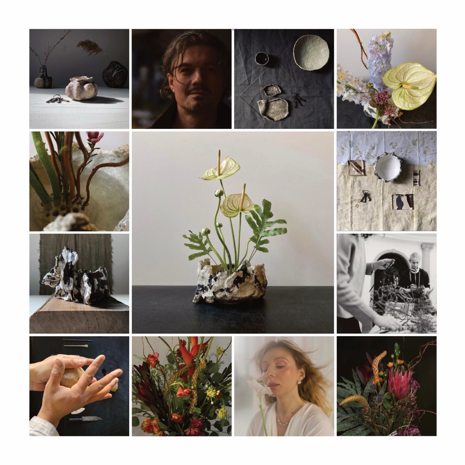 Collage of ceramic and floral art with people. The central image features a unique flower arrangement in a ceramic vase. The theme emphasizes creative processes and artistic expressions.